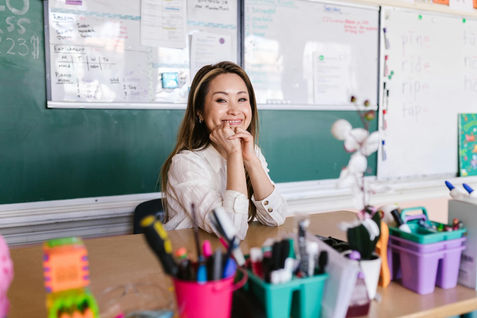 A teacher working with students